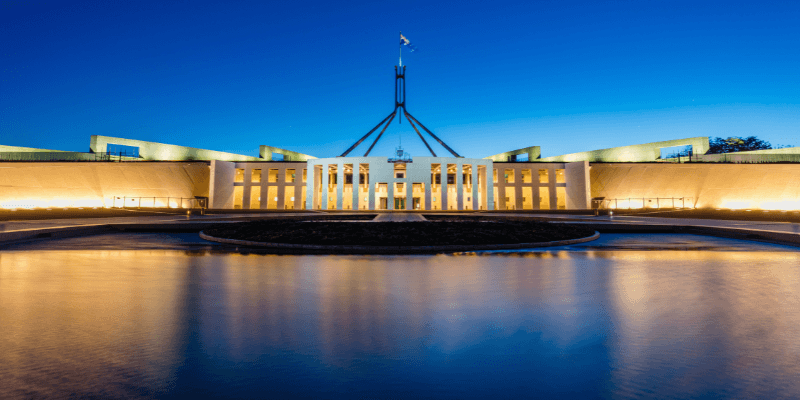 View of parliament house in Canberra at sunrise